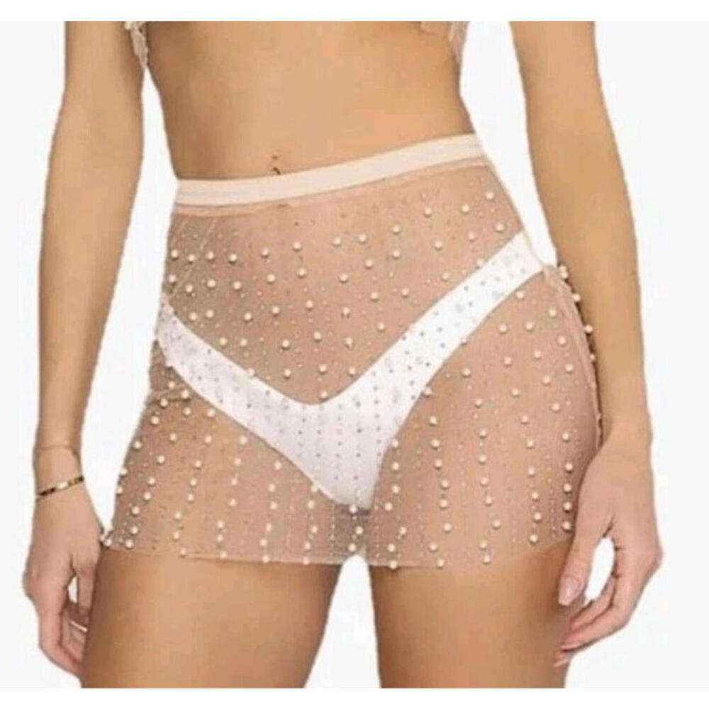 Hot & Delicious Pearl Rhinestone Size S Cover Up Sheer Mesh Skirt #CB2